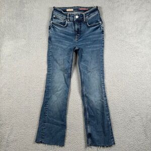 Pilcro Anthropologie Flare Jeans Medium Wash Raw Hem Size 26 Slim Fit Mid Rise